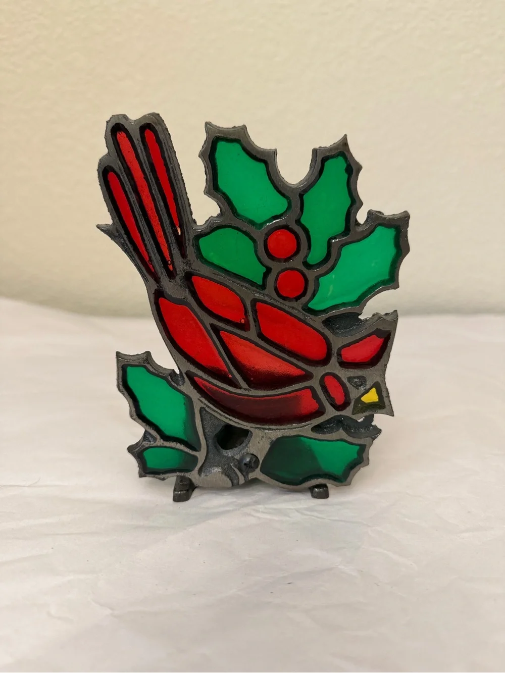 Holiday Cardinal Stained Glass candle votive holder  - Red and Green